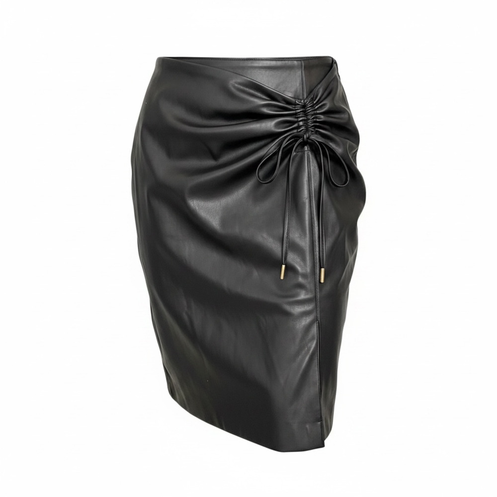 House of Harlow 1960 Vegan Leather Ruched Detail Midi Skirt with Slit
